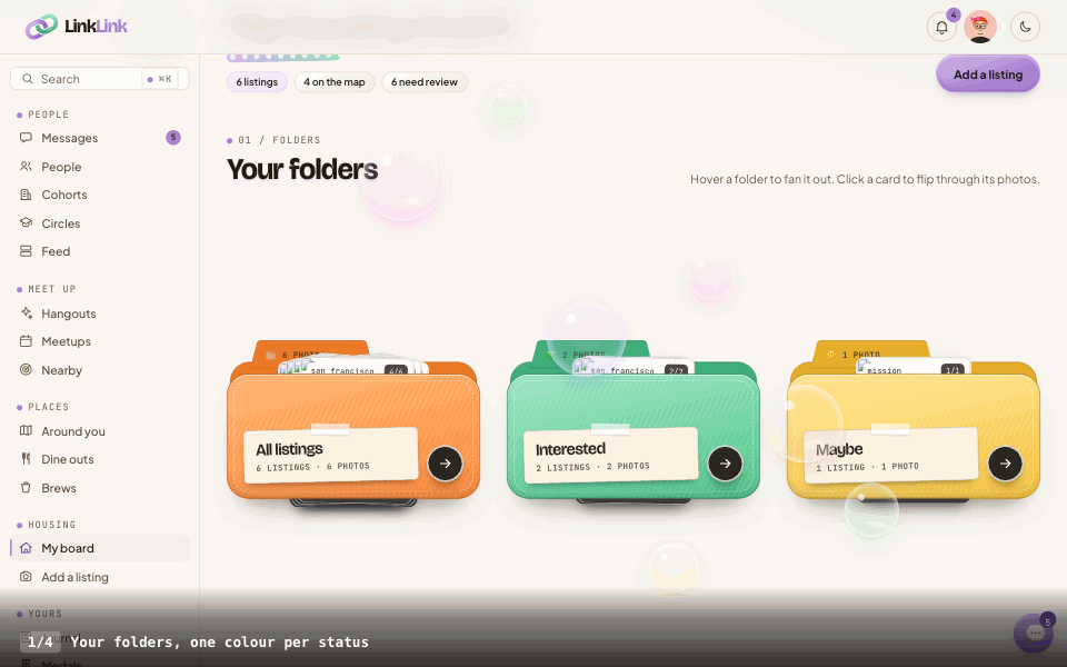 Housing board: Your folders, one colour per status, Filters and a map, A card for every listing, Open a listing for the details